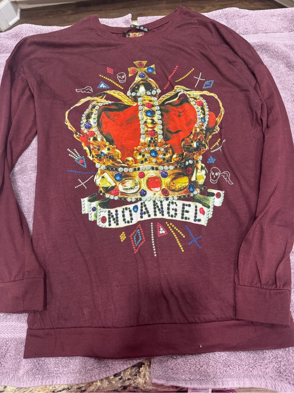 Atmosphere Burgundy Long Sleeve Tee with Jeweled Crown Graphic (CL-5)